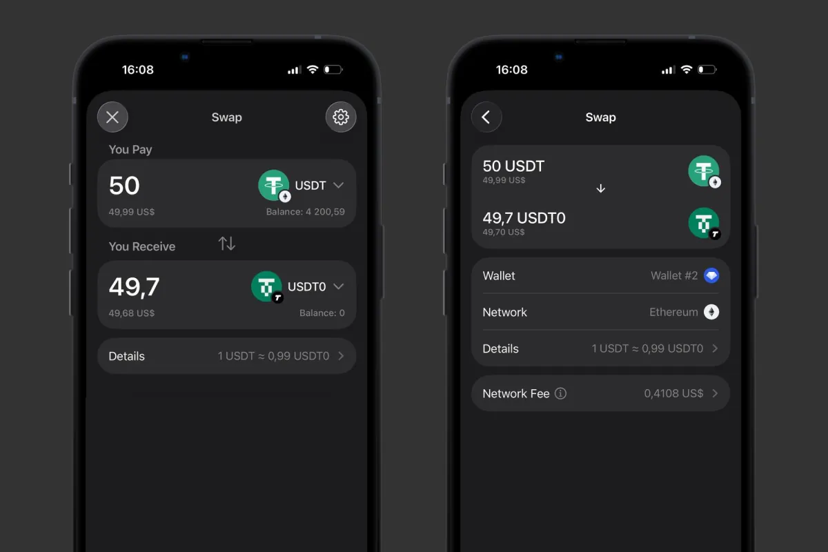 Two Gem Wallet app screens: entering a swap amount of 50 USDT and the confirmation screen with the network fee