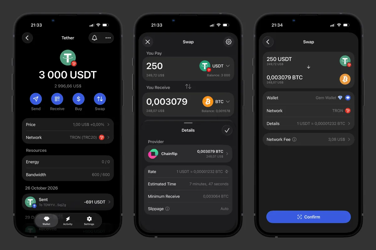 Обмен USDT TRC20 на BTC в Gem Wallet: баланс USDT, детали обмена через Chainflip и подтверждение