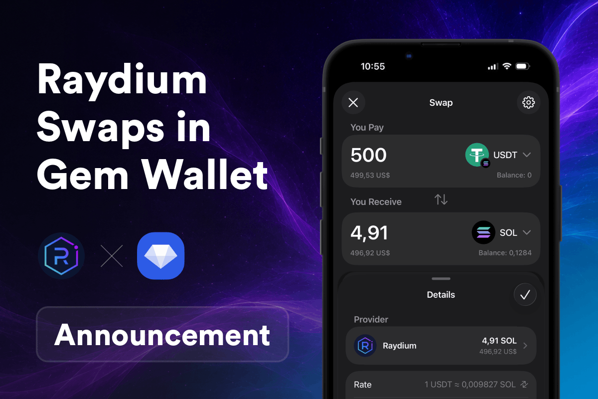 Gem Wallet añade Raydium: swaps on-chain a través del mayor DEX de Solana