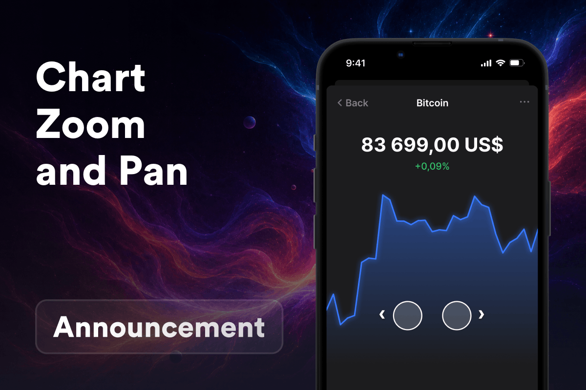 Gem Wallet زوم و جابه‌جایی نمودار را ارائه می‌کند: با دو انگشت روی هر حرکت قیمت زوم کنید و نمودار را به گذشته بکشید