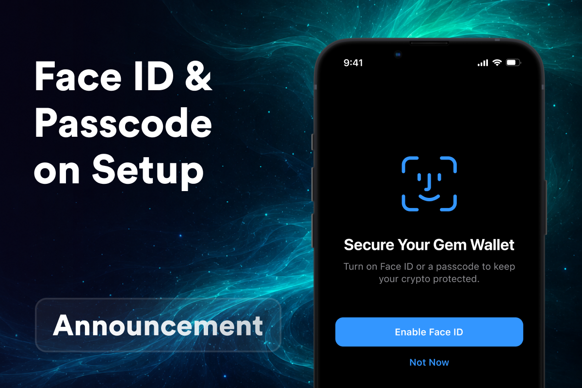 Gem Wallet تقدّم قفل التطبيق عند إعداد المحفظة: فعّل Face ID أو رمز الدخول من الدقيقة الأولى