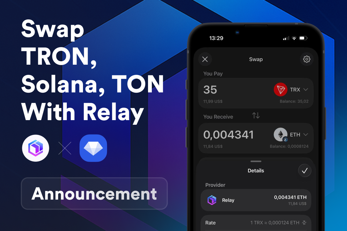 A Gem Wallet oferece suporte a swaps via Relay na TRON, Solana e TON