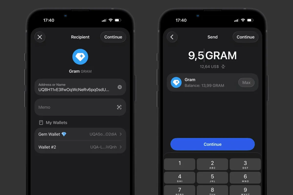 Sending Gram from Gem Wallet to the address of a wallet in the Telegram app
