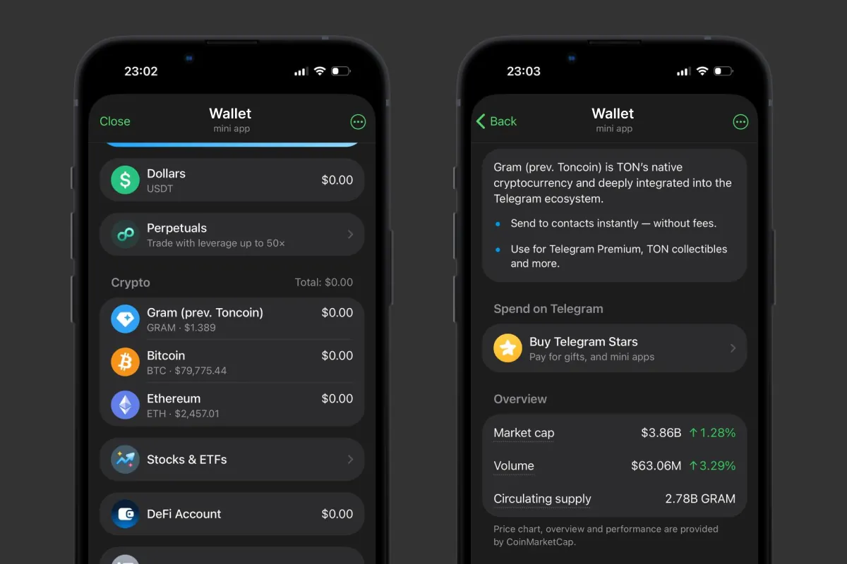 The asset list in the Telegram app and the Gram coin card with the Buy Telegram Stars button