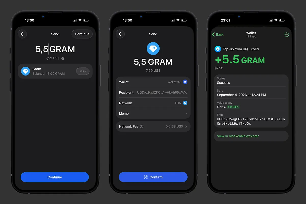 Sending Gram from Gem Wallet and the coin arriving on the balance in the Telegram app