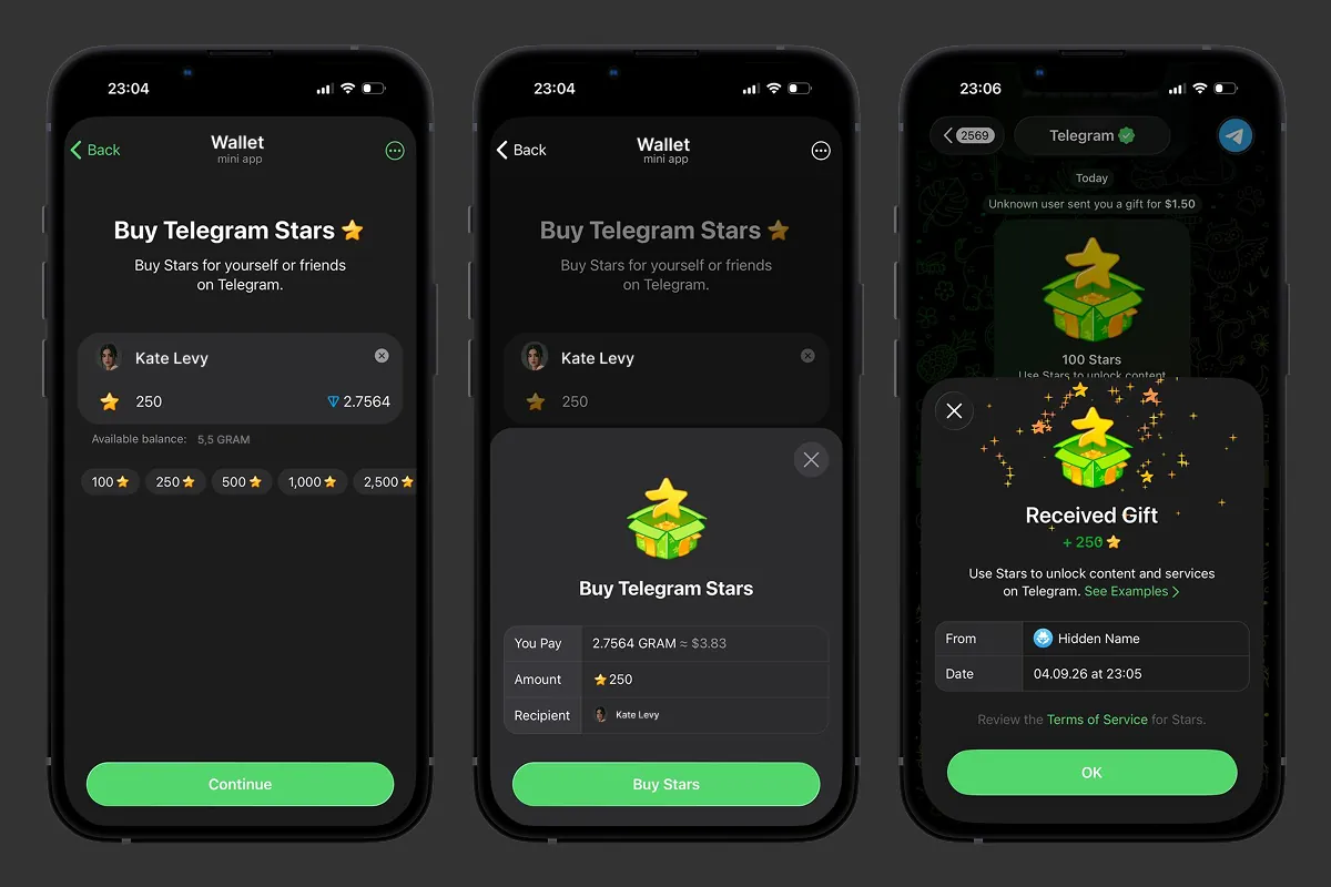 Choosing a pack of Stars, the payment confirmation window in Gram, and the notification about the Stars arriving