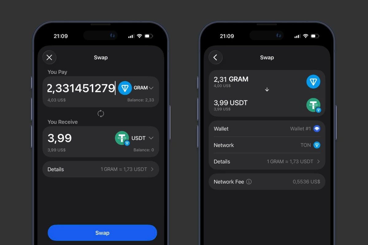 Swapping Gram to USDT on TON in Gem Wallet