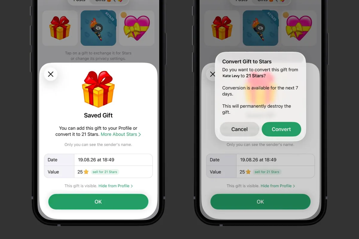 A standard Telegram gift card and the confirmation window for converting a gift into Stars