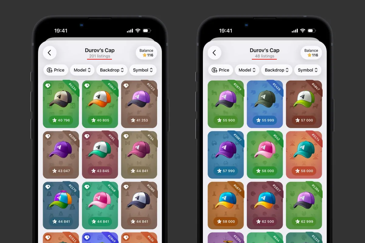 The Durov’s Cap collection in Telegram with the Show listings for Stars only filter off and on