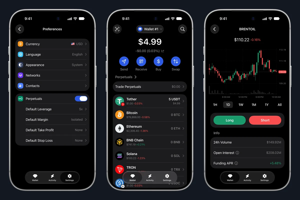Екрани Gem Wallet: увімкнений Perpetuals у Preferences, Trade Perpetuals на головному екрані та ринок BRENTOIL з кнопками Long і Short