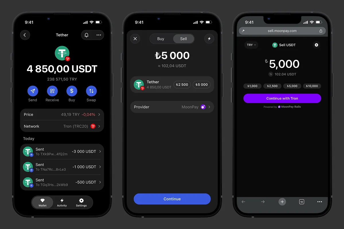 Pantalla de venta de USDT