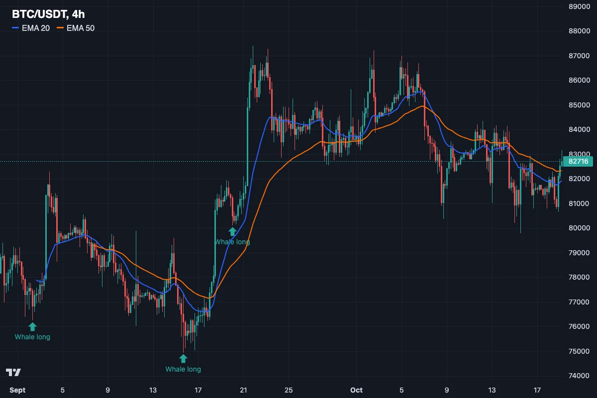 กราฟ BTC/USDT ไทม์เฟรม 4 ชั่วโมง ช่วงกันยายนถึงตุลาคม 2026 พร้อมเส้น EMA 20 และ 50 และลูกศรสามจุดที่ชี้ตำแหน่ง long สมมุติของวาฬที่จุดต่ำสุดก่อนราคาเด้งแรง