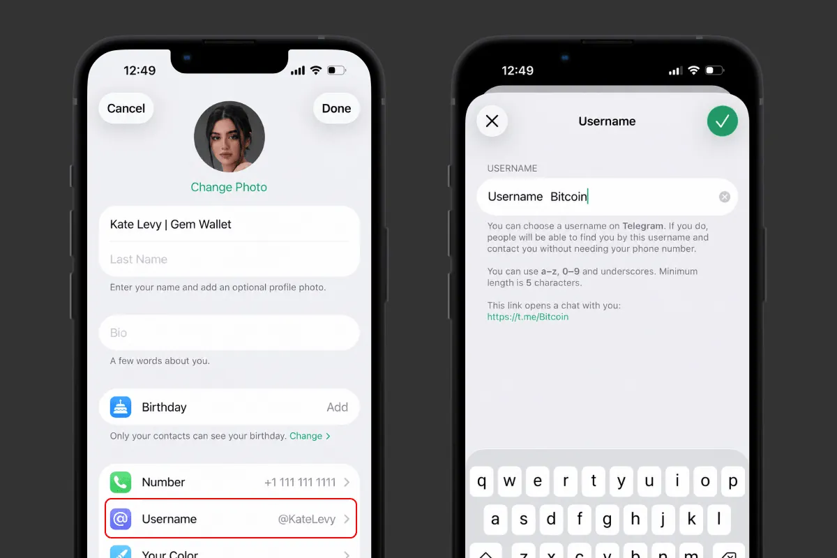 Username alanının bulunduğu Telegram profil ayarları ve kullanıcı adı giriş ekranı
