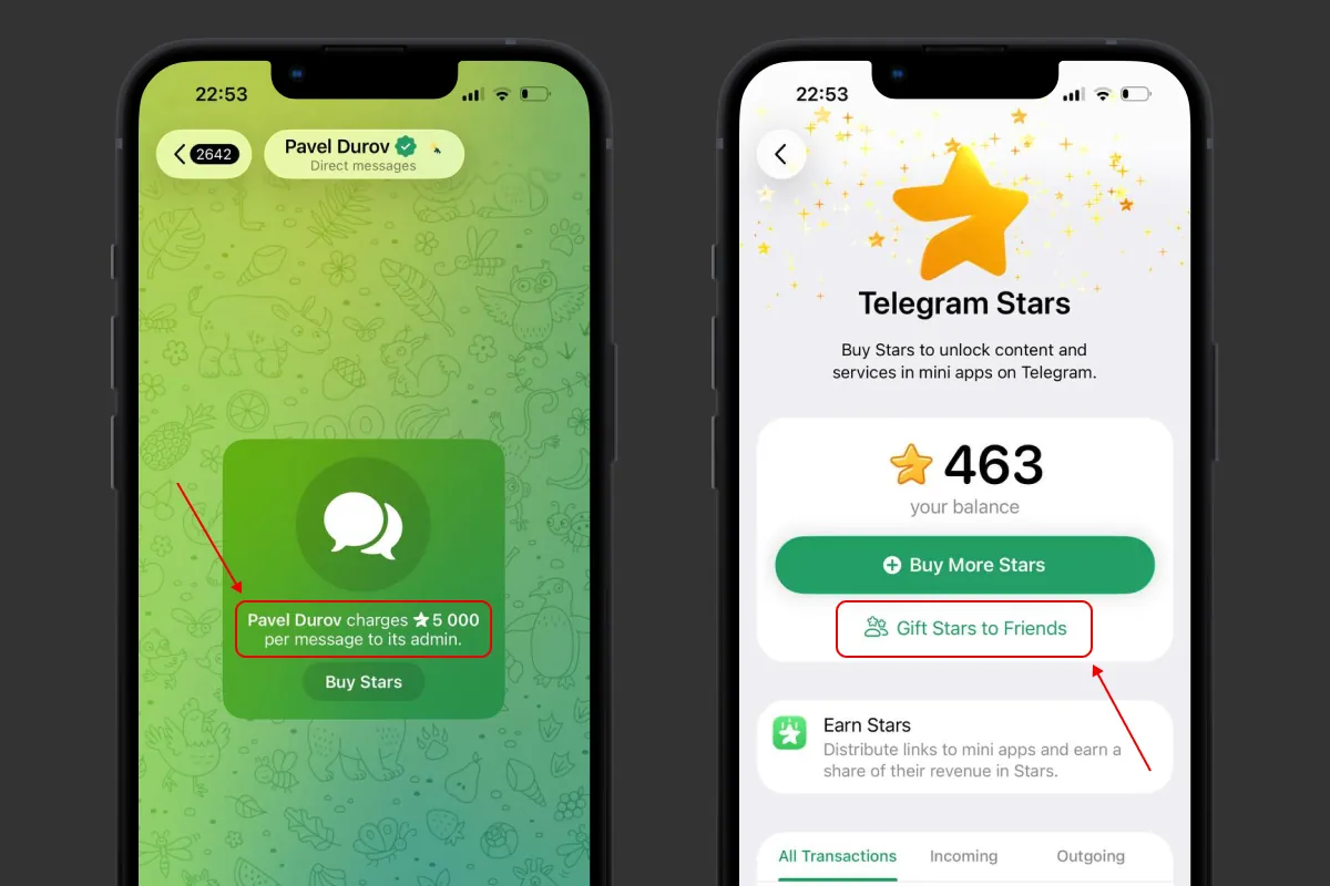Paid message screen in Telegram and the Star balance with the Gift Stars to Friends button