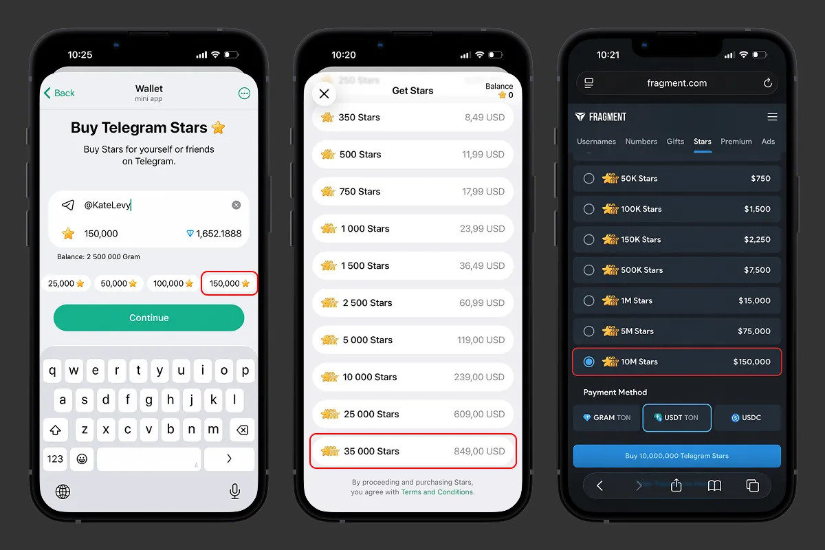 The largest Telegram Star packages in the Telegram wallet, in the app and on Fragment