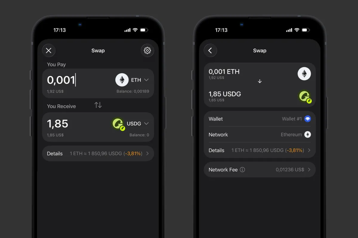 Screen showing an ETH to USDG swap in the Gem Wallet app