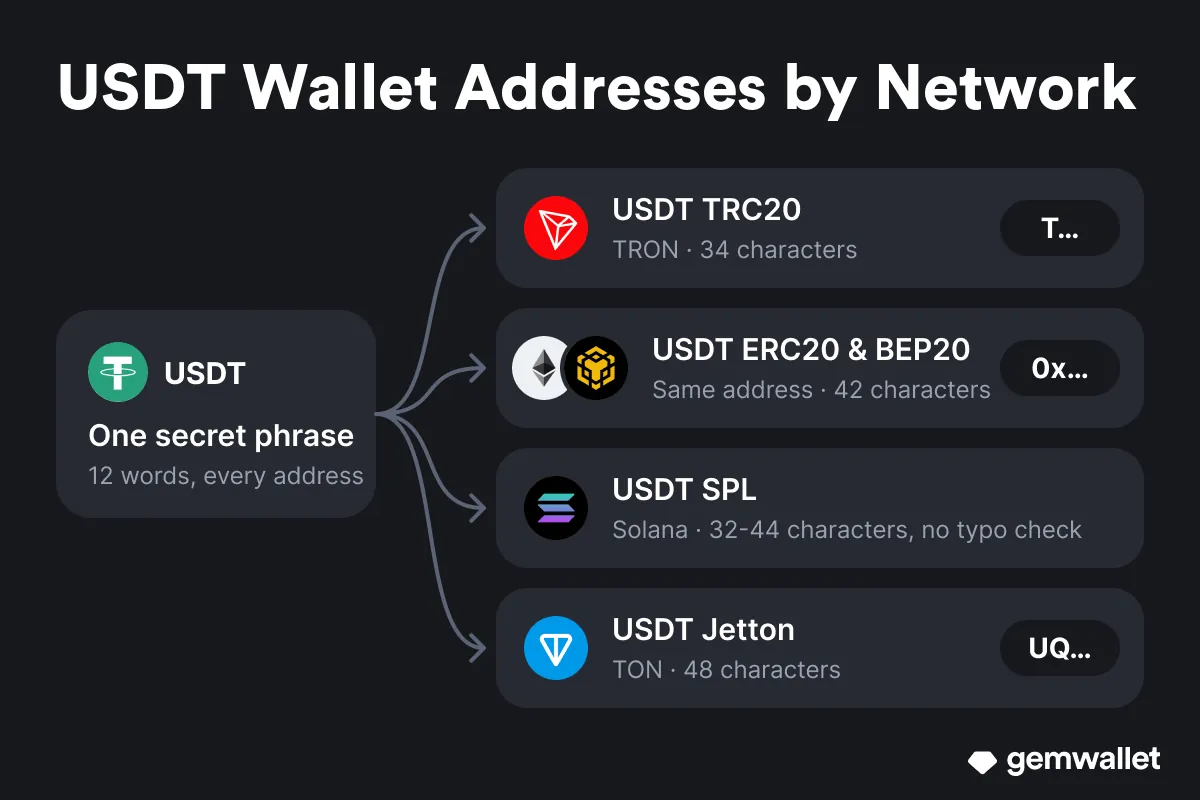 รูปแบบที่อยู่ USDT บน TRON, Ethereum, BNB Chain, Solana และ TON