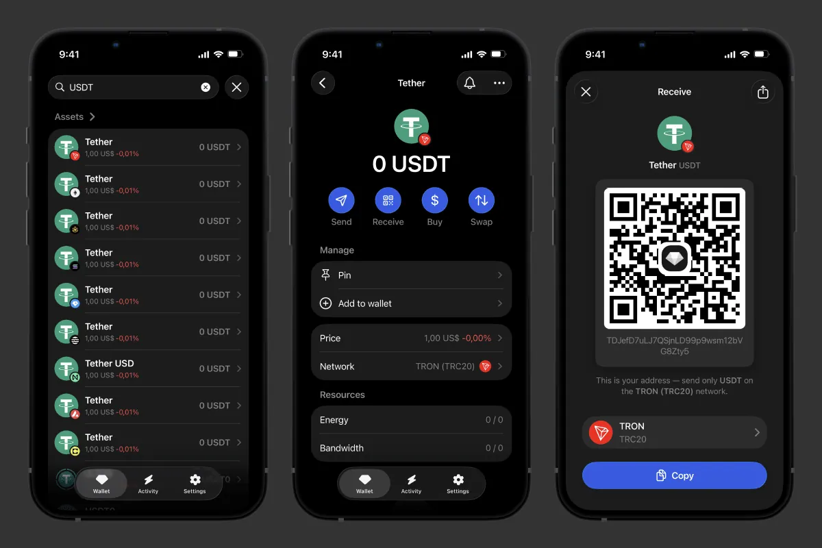 การค้นหา USDT หน้าจอ USDT บน TRON และที่อยู่พร้อม QR code บนหน้าจอ รับ