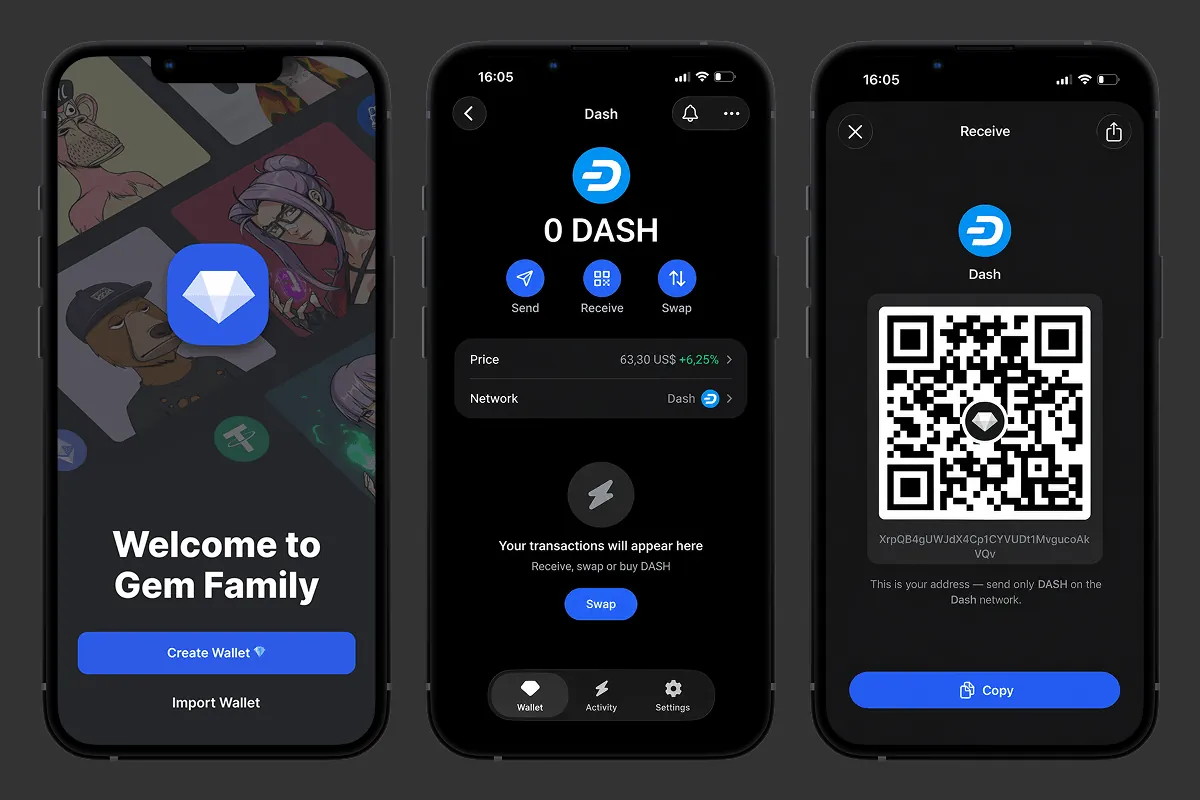 إنشاء محفظة Dash في Gem Wallet