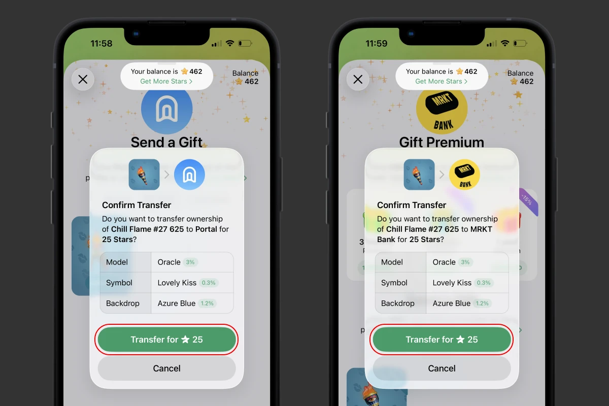 Potvrzení převodu dárku Telegram na účty Portals a MRKT